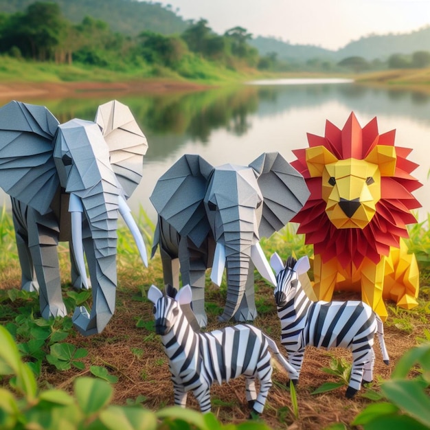 Фото Природный заповедник с изображением слона, зебры и льва, сделанных из оригами, который пришел к жизни