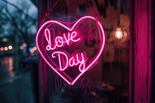 사진 '사랑의 날'이라는 단어가 새겨진 네온 표지판이 창문에 매달려 주변 지역을 활기찬 색으로 조명합니다.