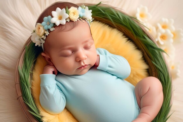 写真 新生児が柔らかいベッドに横たわり,布に包まれ,青い花のヘッドバンドをかぶっている