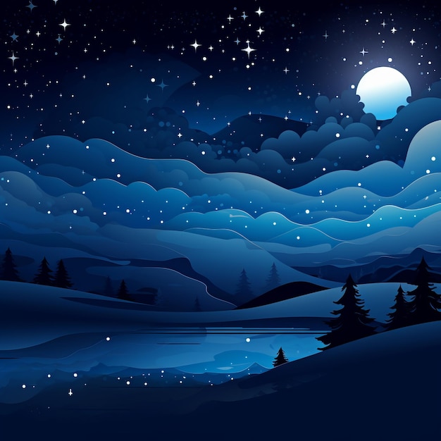 Фото Ночное небо с полной луной и звездами над озером