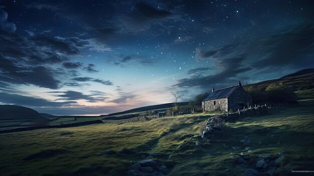 사진 집과 별이 있는 하늘을 배경으로 한 밤하늘