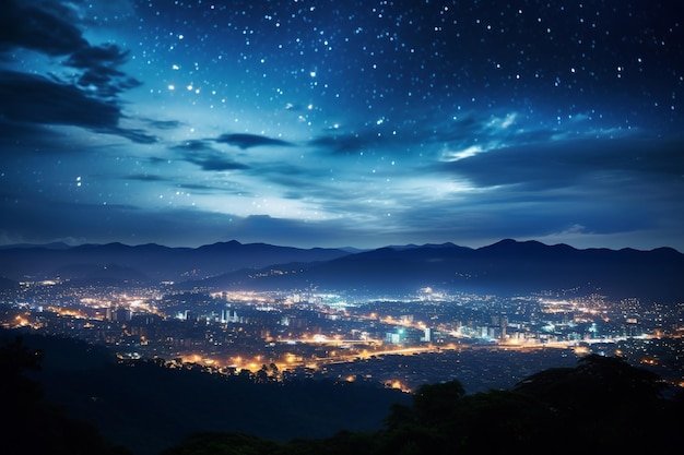 写真 星空を背景にした夜の都市風景