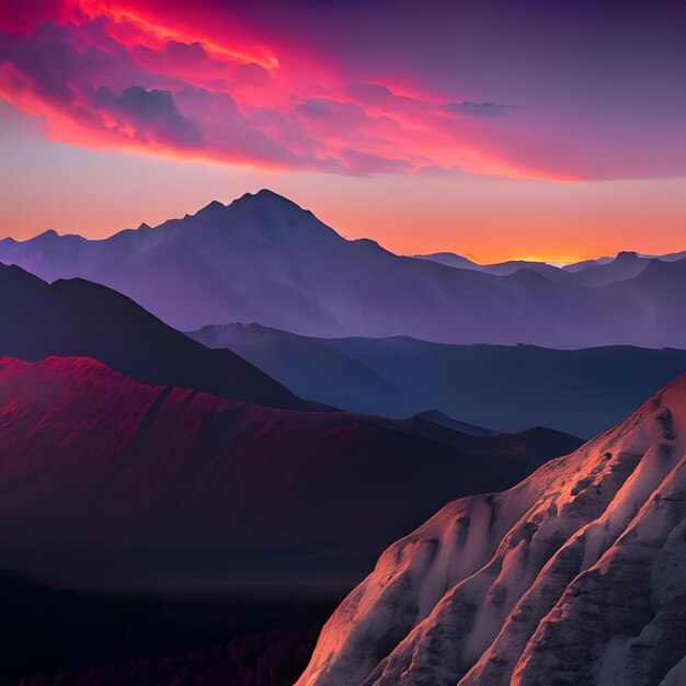 Фото Закат солнца в полдень каскадирует над вершинами гор, покрытыми слоями
