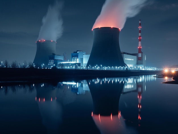 Фото Ядерная электростанция с светящимися красными огнями, отражающимися в воде ночью