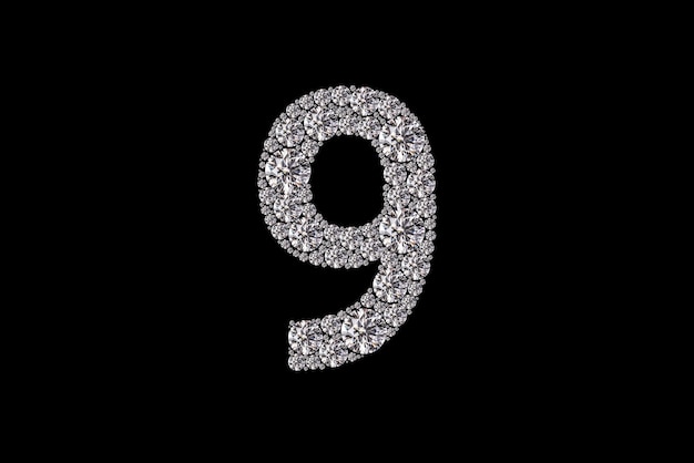 写真 黒い背景にダイヤモンドとシルバーで作られた数字の 9。
