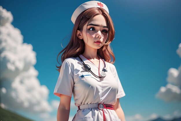 写真 青い空の前に白い制服を着た看護師が立っている。