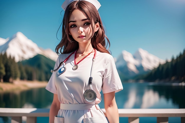 写真 白い制服を着た看護師が湖の前に立ち、聴診器を当てている。