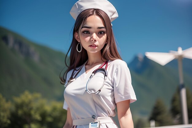 사진 하얀 제복을 입은 간호사가 산 앞에 서 있다.
