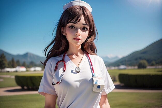 사진 목 에 스테토스코프 를 든  유니폼 을 입은 간호사