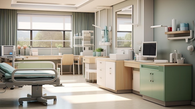 사진 새로 지어진 병원 건물 에서 간호사 의 책상 이 효율 과 조직 을 강조 하고 있다