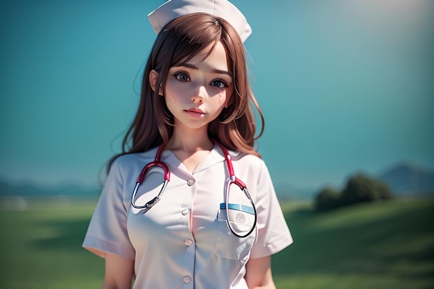 사진 목에 스테토스코프를 든 간호사가 들판에 서 있다.
