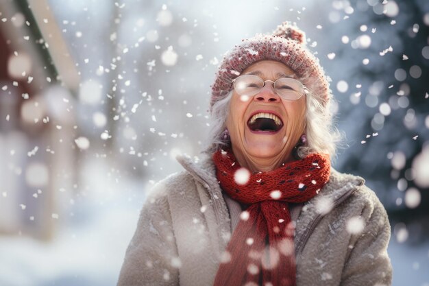 사진 겨울옷을 입은 할머니가 집 앞에서 눈밭에서 놀고 있다