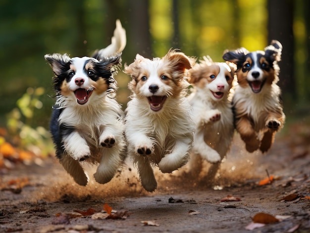 Фото Пачка энергичных собак, гуляющих в лесу