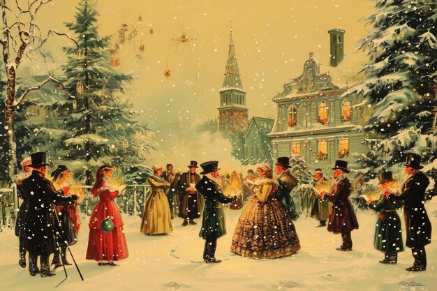 写真 雪に覆われた風景で様々な活動をしている人々のグループを描いた絵画 ビクトリア時代のクリスマスシーンで,人々がキャロルを歌っている.