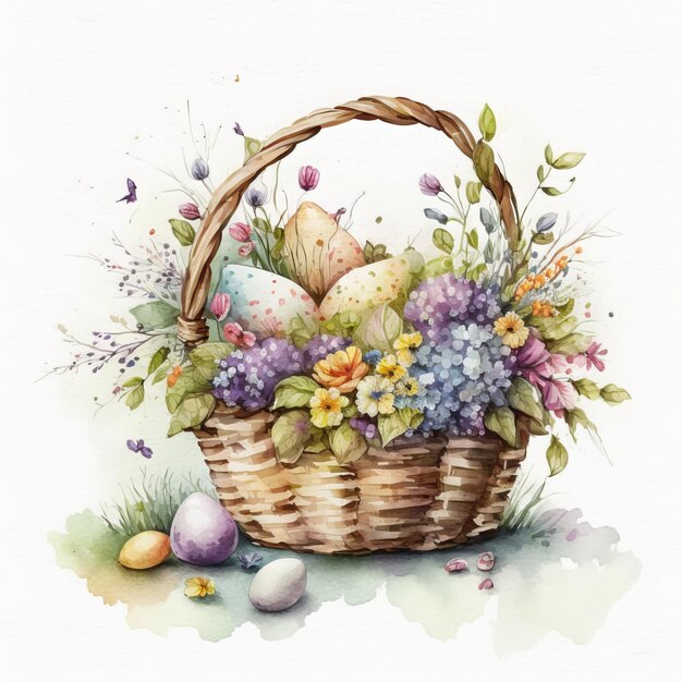 Фото Картина корзина цветов и корзина пасхальных яиц