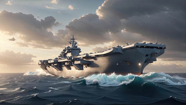 写真 海の真ん中にある戦艦の絵画