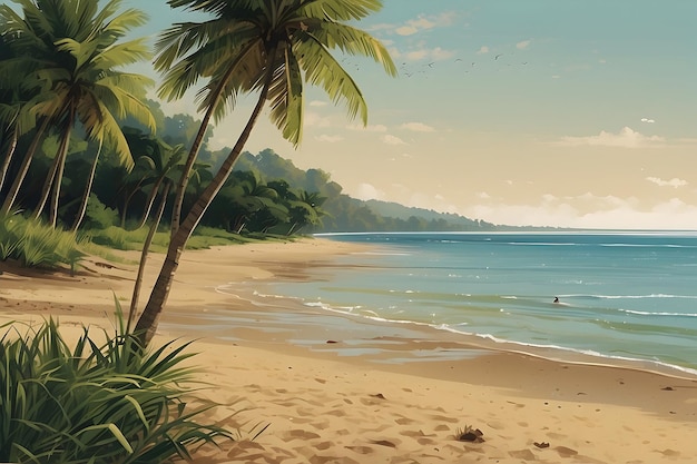 Фото Картина пляжной сцены с пальмой и человеком в воде