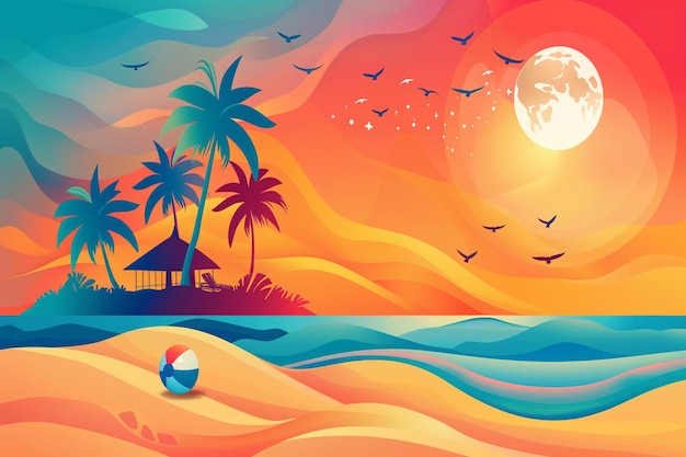 Фото Картина пляжной сцены с закатом солнца и лодкой и птицами, летающими вокруг