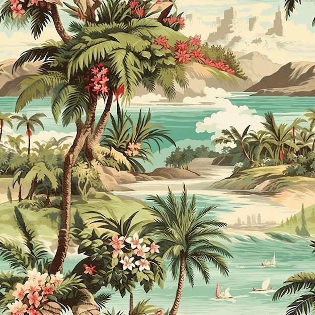 写真 ヤシの木とビーチを背景にしたビーチのシーンの絵。
