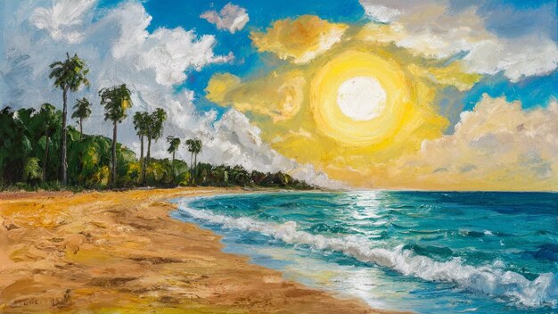 사진 나무 와 하늘 에 있는 태양 이 있는 해변 의 그림