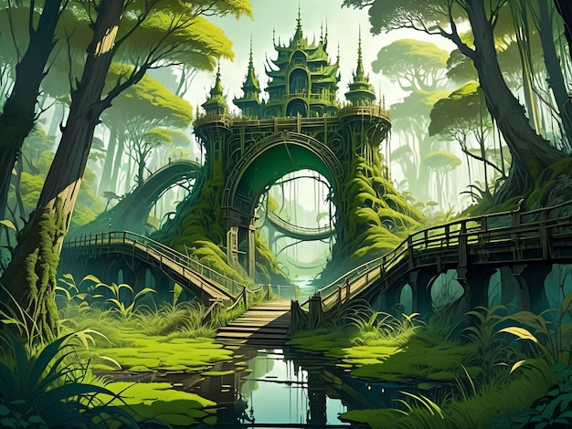 사진 숲 한가운데 에 있는 다리 의 그림