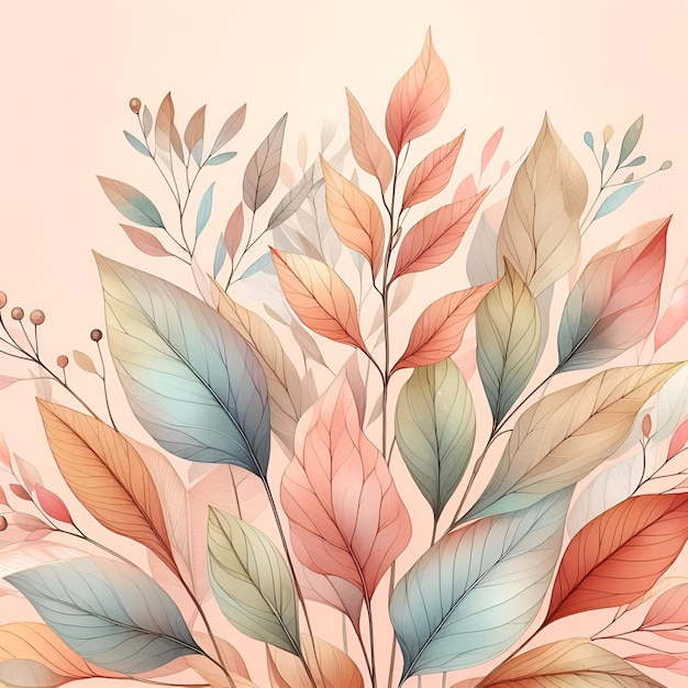 사진 색 벽과 함께 색 배경에 파스텔 색의 잎 어리 그림