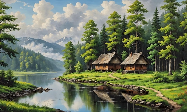 사진 나무 와 산 들 이 있는 호수 에 있는 오두막 의 그림