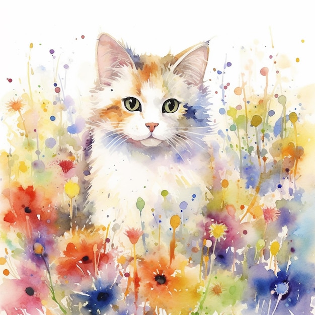 写真 花畑にいる猫の絵