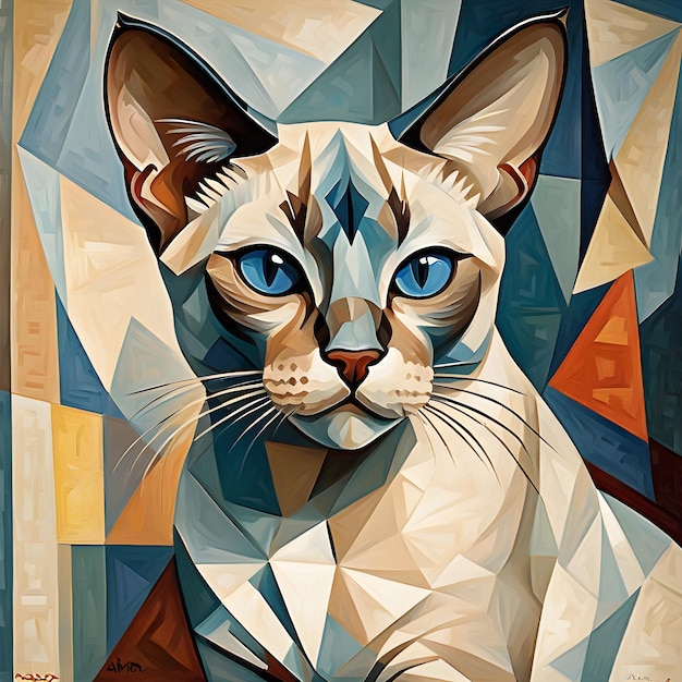 写真 青い目と幾何学的なパターンを持つ猫の絵
