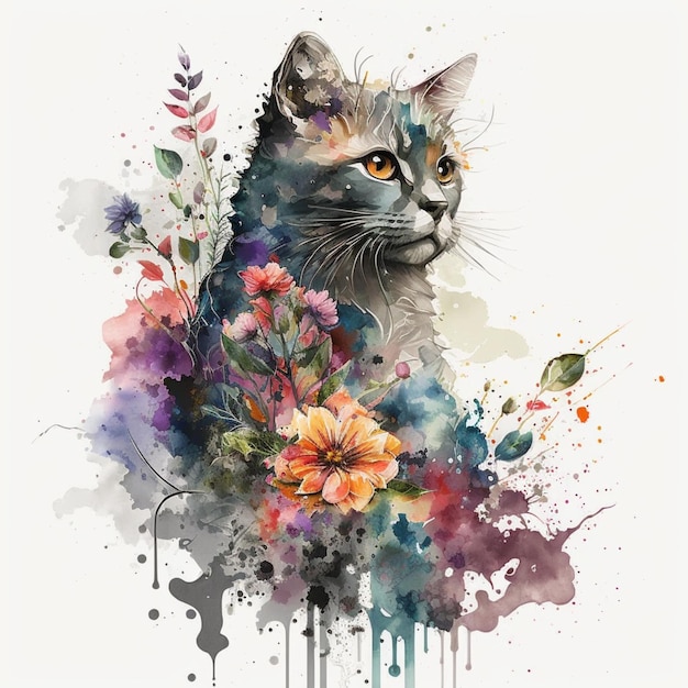 花を持った猫の絵 | プレミアム写真