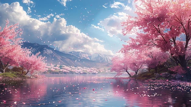 Фото Картина дерева в цвете вишни у воды