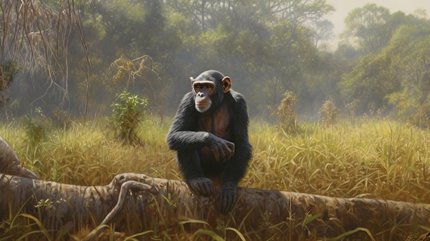 写真 野原の丸太に座るチンパンジーの絵