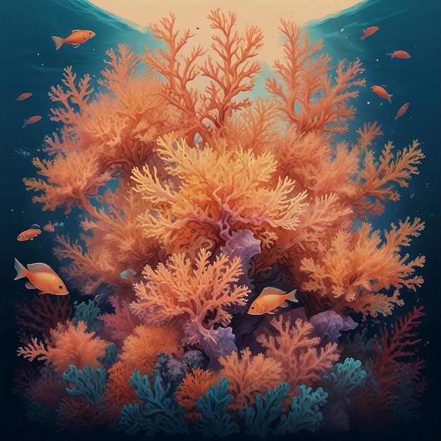 Фото Картина кораллового рифа со школой рыб и кораллов