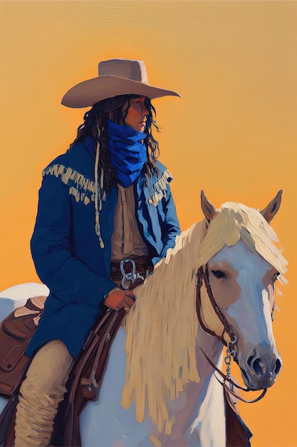 写真 カウボーイの帽子をかぶった馬に乗ったカウボーの絵画