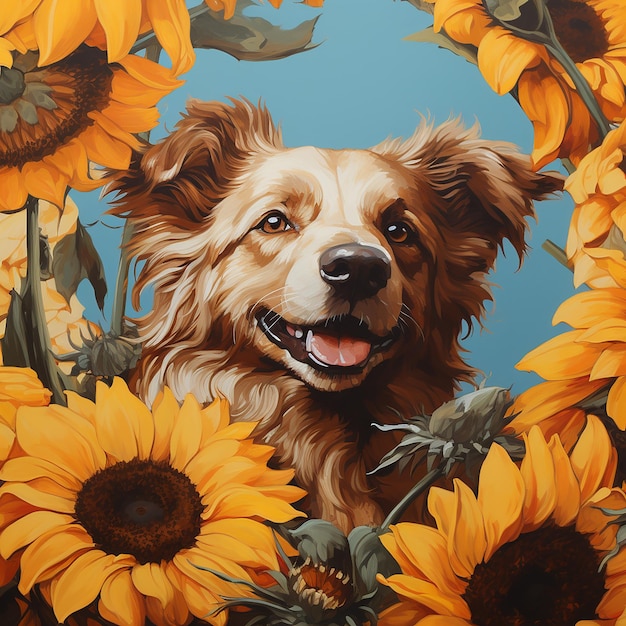太陽の花に囲まれた犬の絵