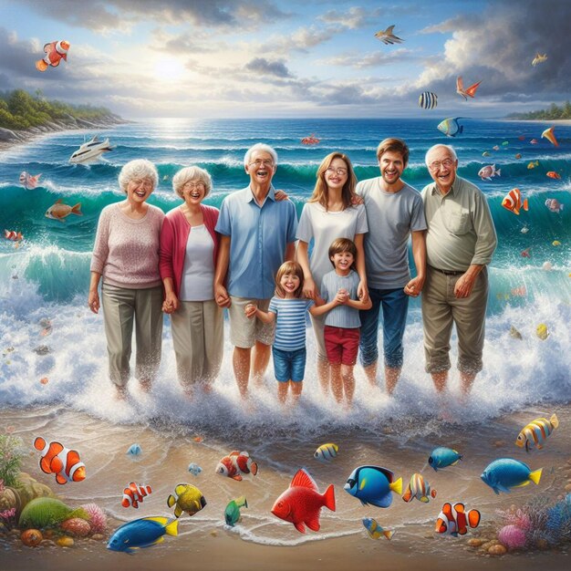 사진 물에서 수영하는 물고기와 함께 해변에 있는 가족의 그림 세계 바다의 날