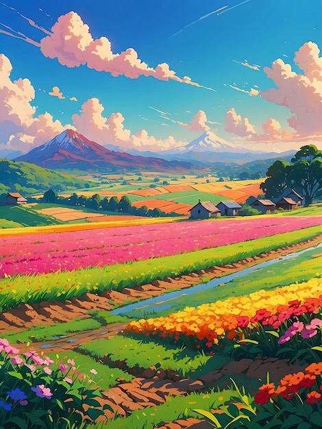 Фото Картина поля цветов с горами на заднем плане