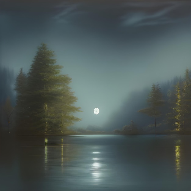 Фото Картина леса и озера с полной луной на заднем плане