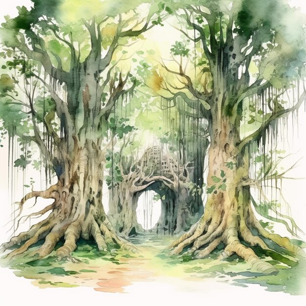 사진 문과 나무가 있는 숲의 그림