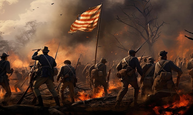 写真 燃えているアメリカ国旗の前にある兵士のグループの絵
