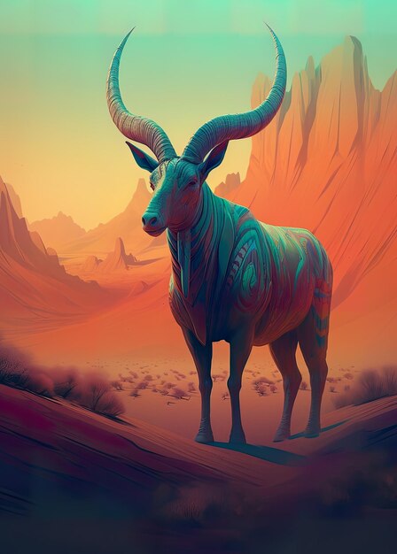 写真 砂漠に立っている角のある動物の絵画 png 透明生成ai