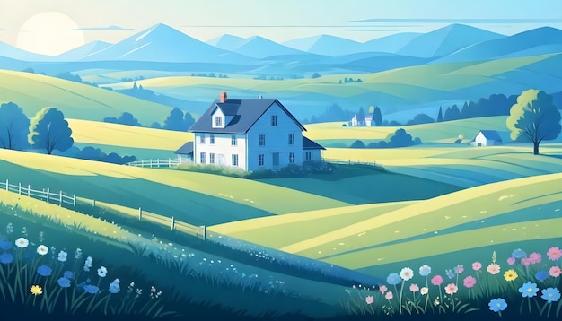 写真 緑の草と花の畑のある畑の真ん中にある家の絵画