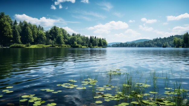 Фото Картина озера с лилиями на переднем плане