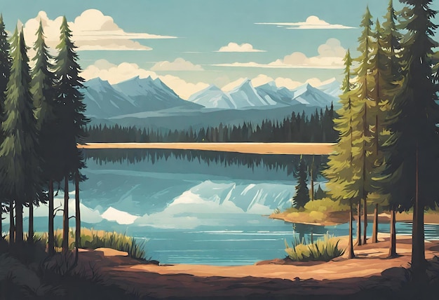 写真 背景に木や山がある湖の絵画
