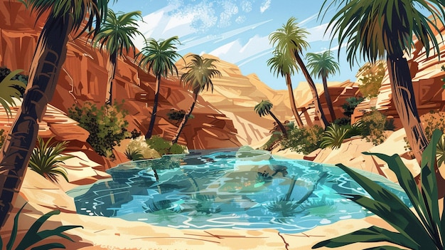Фото Картина пейзажа с пальмами и бассейном воды