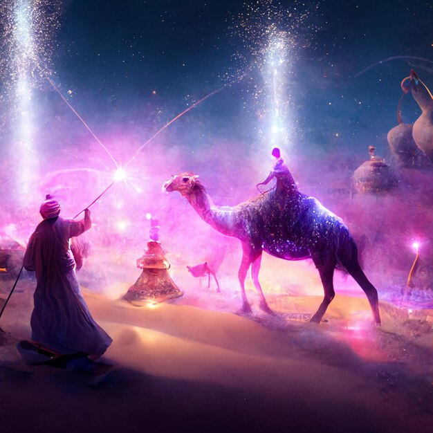 Фото Картина человека и верблюда со светом на нем