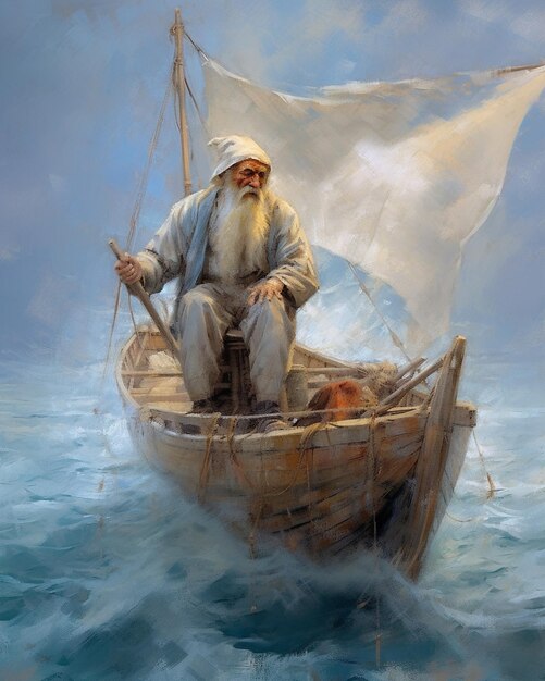 写真 帆と旗を掲げたボートに座っている男の絵