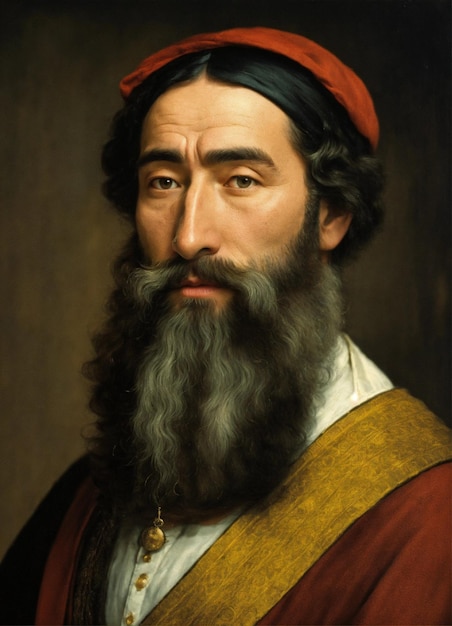 Фото Картина человека с длинной бородой и красной шапкой