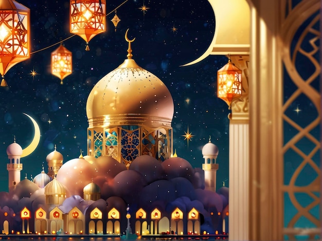 Фото Картина мечети с луной и звездами на небе