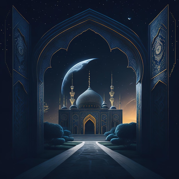 Фото Картина мечети с луной на заднем плане.